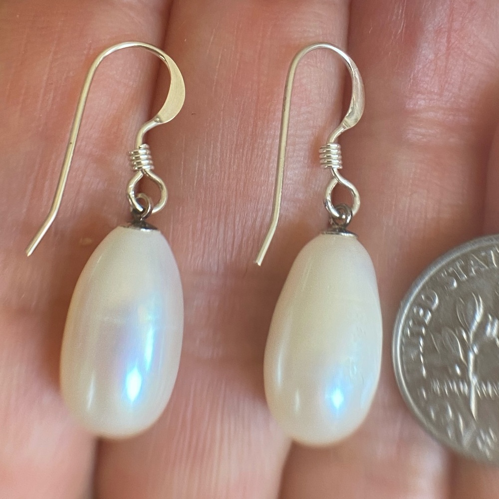 8.4mm Wide Long Oval AAA Cultured Pearl Earrings - 925 Sterling Silver